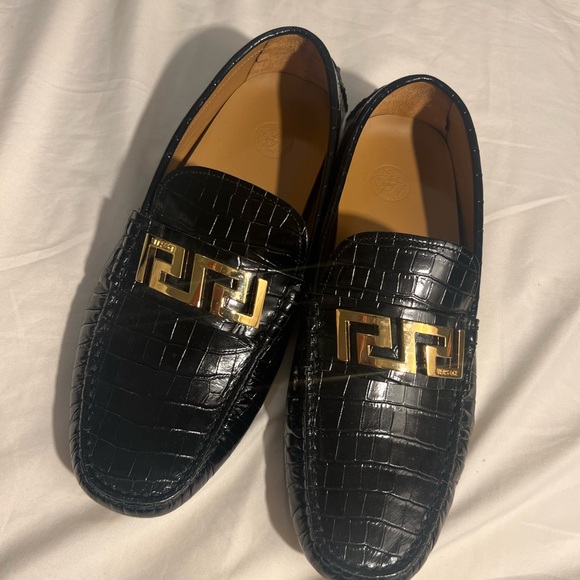 Versace La Greca Leather Driver Loafers Black Gold Men’s EU 44 - Picture 1 of 5
